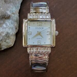 Studio Quartz Women’s Watches with Rhinestones and Abalone Inlay Bangle Design